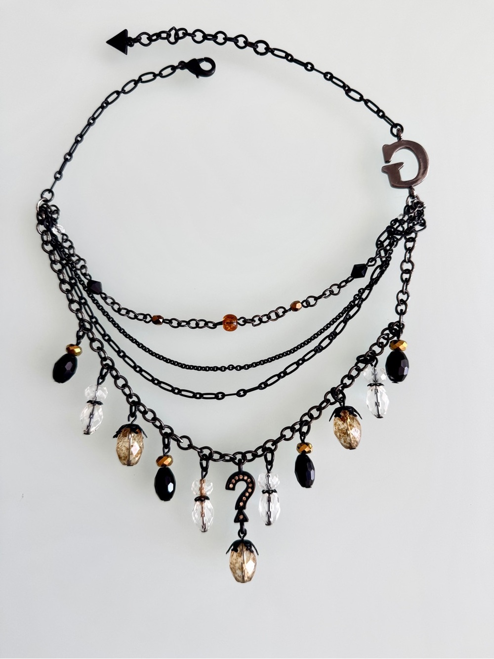 GUESS Vintage Y2K Black Tone Multi-Layer Necklace with Crystal Charms and G Logo